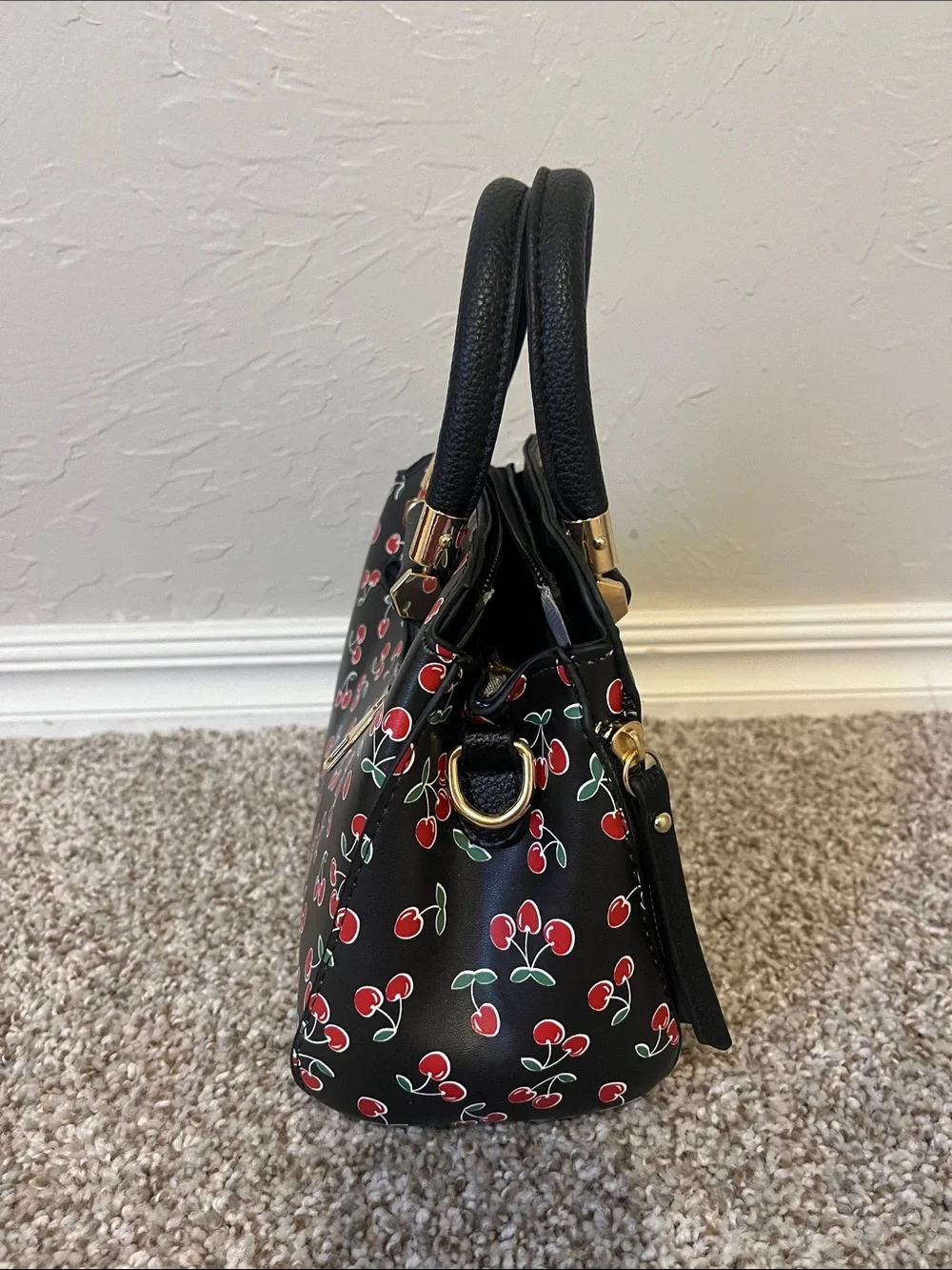 Black Cherry Print Satchel Handbag